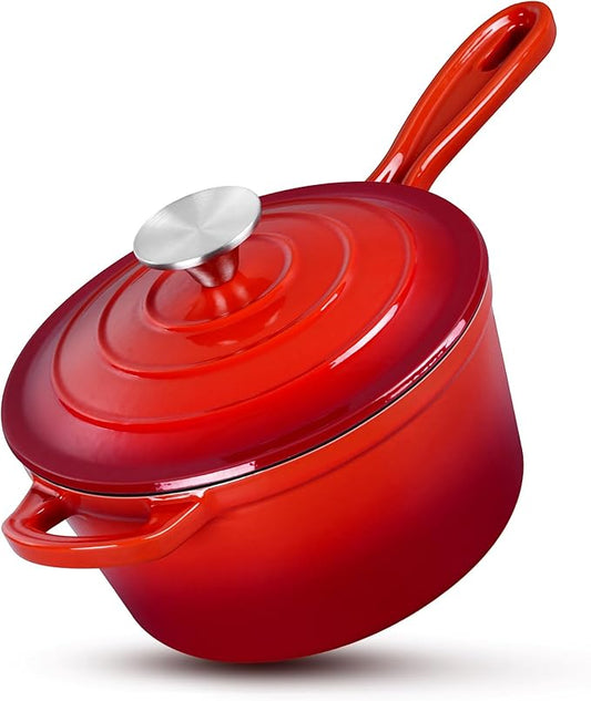 HaSteeL 1 QT Cast Iron Saucepan, Mini Enamel dutch oven with lid, Small Non Stick Pan for Milk, Pasta Tomato Sauce, Butter, Breakfast, Soup, Suitable for Boiling Stewing Frying, Easy to Clean, Red