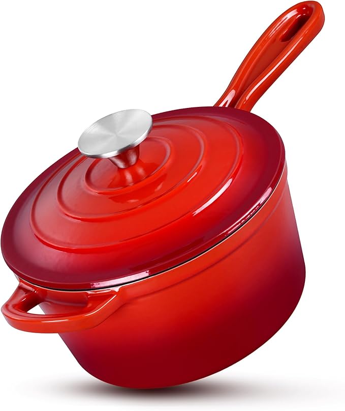 HaSteeL 2 QT Cast Iron Saucepan, Mini Enamel Dutch Oven with Lid, Small Non Stick Pan for Milk, Pasta Tomato Sauce, Butter, Breakfast, Soup, Suitable for Boiling Stewing Frying, Easy to Clean, Red