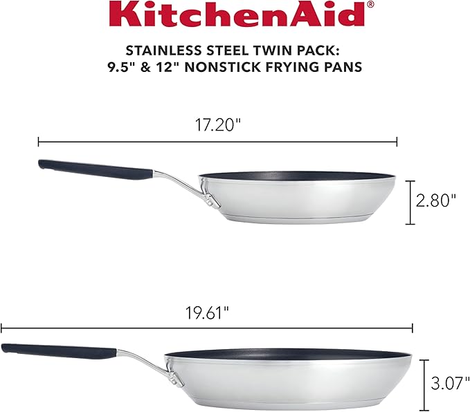 KitchenAid Stainless Steel Nonstick Frying Pans/Skillet Set, 9.5 Inch and 12 Inch - Brushed Stainless Steel