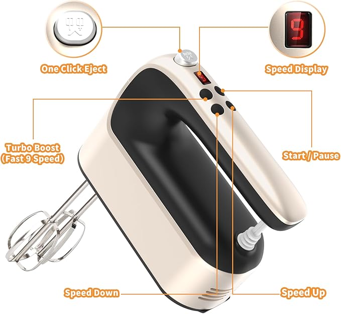 9-Speed Digital Hand Mixer Electric, 400W Powerful DC Motor, Hand Mixer Electric Handheld with Snap-On Storage Case, 5 Stainless Steel Accessories, Beaters, Dough Hooks, Whisk(Champagne Gold)