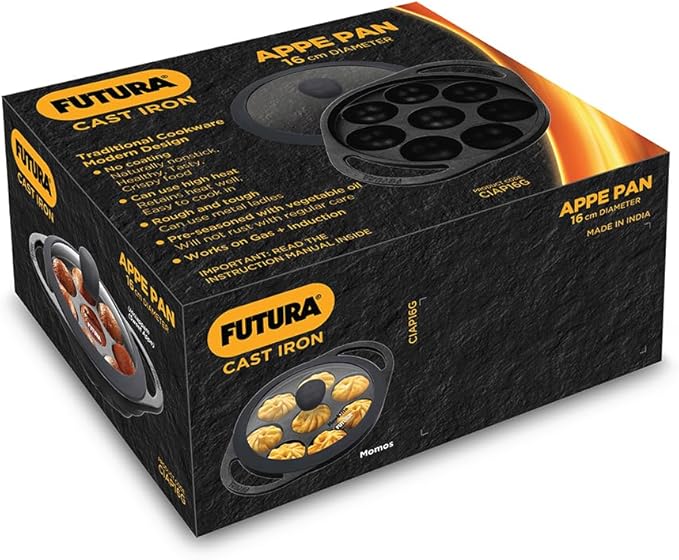 Hawkins Futura 16 cm Cast Iron Appe Pan, Non Stick Paniyaram Pan with Glass Lid, 8 Cups Paniyarakkal Pan, Litti Pan, Kuzhi Paniyaram Pan, Ponganalu Pan, Black (CIAP16G)