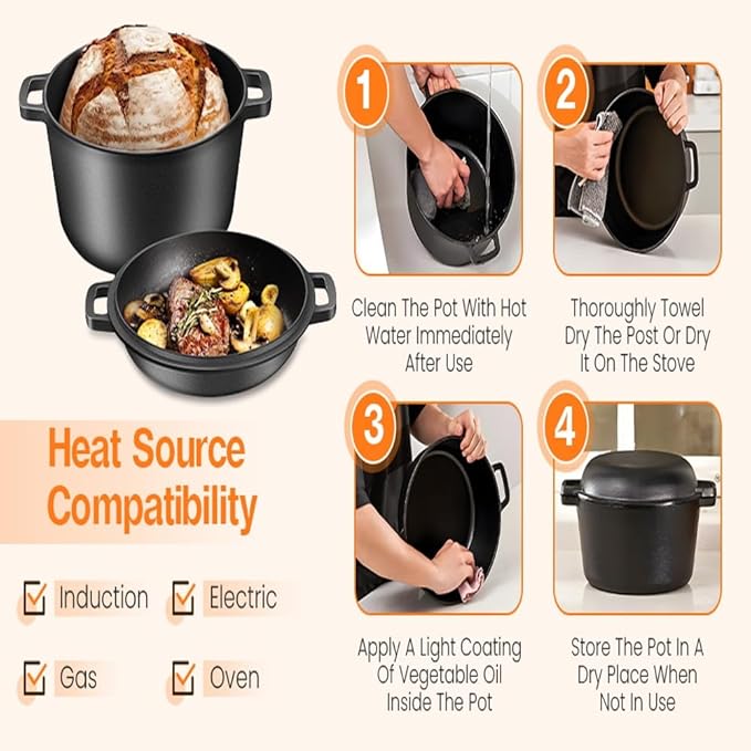ME JO 6qt Cast Iron Dutch Oven with Multi-Functional Cast Iron Skillet Lid – Heavy-Duty Casserole Dish with Lid for Bread Making, Roasting to Frying | 4.8L Capacity | Pre-Seasoned, Hob and Oven Safe