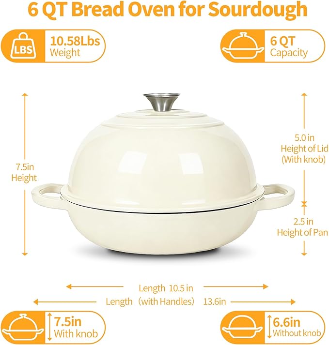 ONKO Dutch Oven For Sourdough Bread Baking, 6QT Enameled Cast Iron Dutch Oven Pot With Lid, Non-stick Sourdough Baking Pan with Bread Dome, Round Ceramic Dutch Ovens Pot with Cloche for Homemade