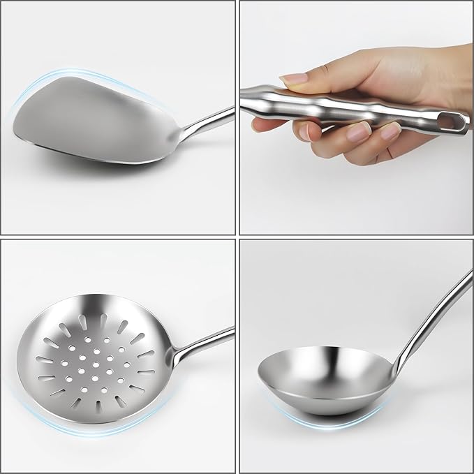 18/10 Stainless Steel Cooking Utensils Set,9pcs Metal Kitchen Utensil Sets 14 inch Long Heavy Duty Kitchen Tools Dishwasher Safe, Include Soup Ladle, Slotted Skimmer Spoon, Spaghetti