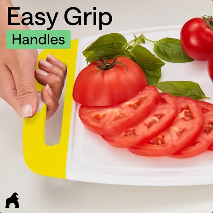 GORILLA GRIP BPA-Free Reversible Kitchen Cutting Board Set of 3, US Designed, Nonporous, Juice Grooves Catch Liquid, Slip Resistant Border, Dishwasher Safe, Durable Large Food Chopping Boards, Yellow