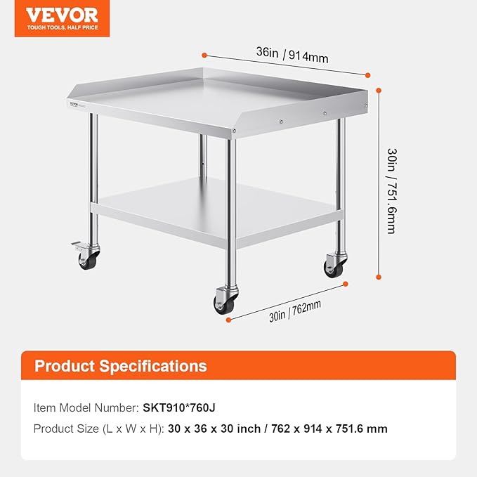 VEVOR Stainless Steel Work Table, 30 x 36 x 30 Inch Commercial Food Prep Worktable with 4 Wheels, Casters, 3-Sided Backsplash Heavy Duty Prep Worktable, Metal Work Table for Restaurant Home Hotel