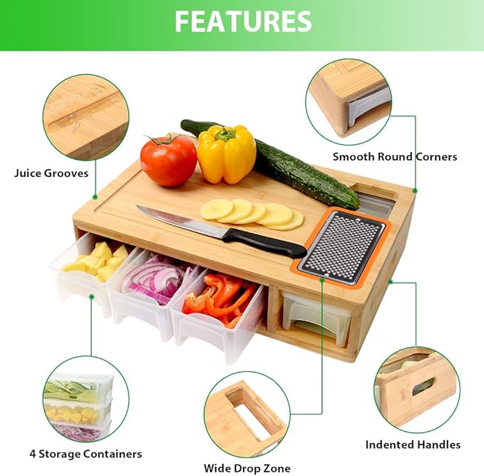 Bamboo Cutting Board with Containers, Lids, and Graters, Large Wood Cutting Board with Containers, Food Dropping Zone, Carving Board with Easy-grip Handle, Juice Groove