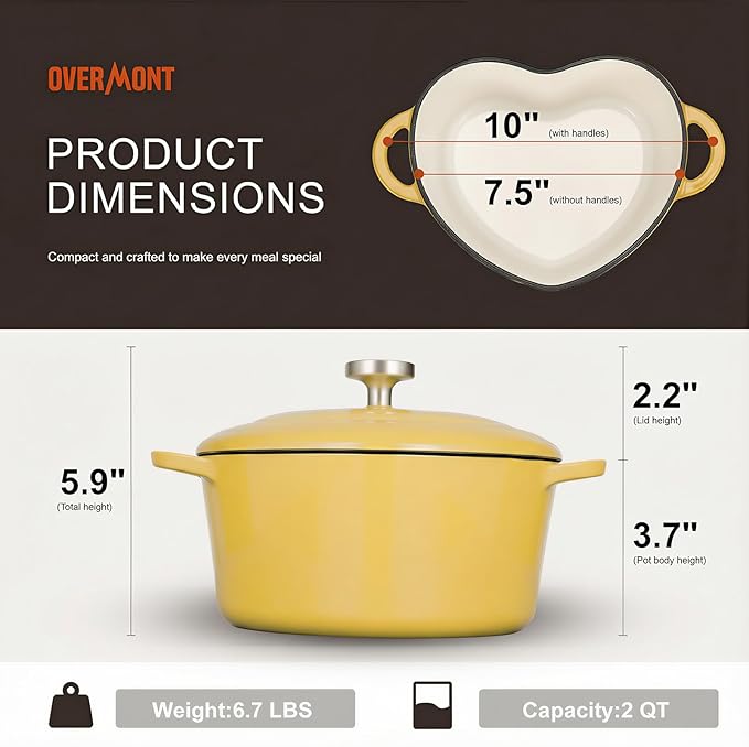 Overmont Enameled Cast Iron Dutch Oven - Heart-Shaped Pot with Lid Cookbook & Cotton Pot Holders - Mini Cookware Oven Safe to 500°F for Bread Baking Soups Stews - Great Gift for Wedding Birthday Housewarming 2QT Yellow