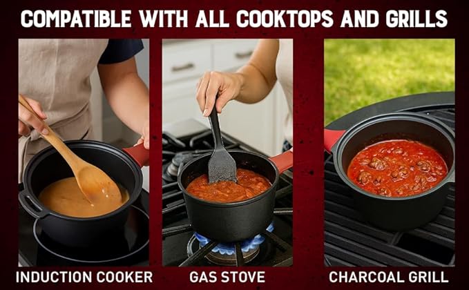 Kanka Grill 14" Cast Iron Sauce Pan with Lid – Pre-Seasoned Deep Cooking Pot for Indoor & Outdoor Grill, Stir Fry, Broth, Frying Nonstick Gourmet Cookware with Silicone Handle & Scraper – Black