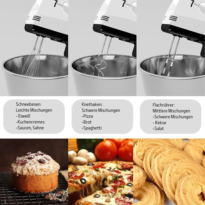 Stand Mixers, 7 Speeds With 3QT Stainless Steel Bowl, Stand and Hand Mixer with Dough Hook, Whisk, Mixing Beater for Baking, Cake, Cookie, Kneading (IM9)