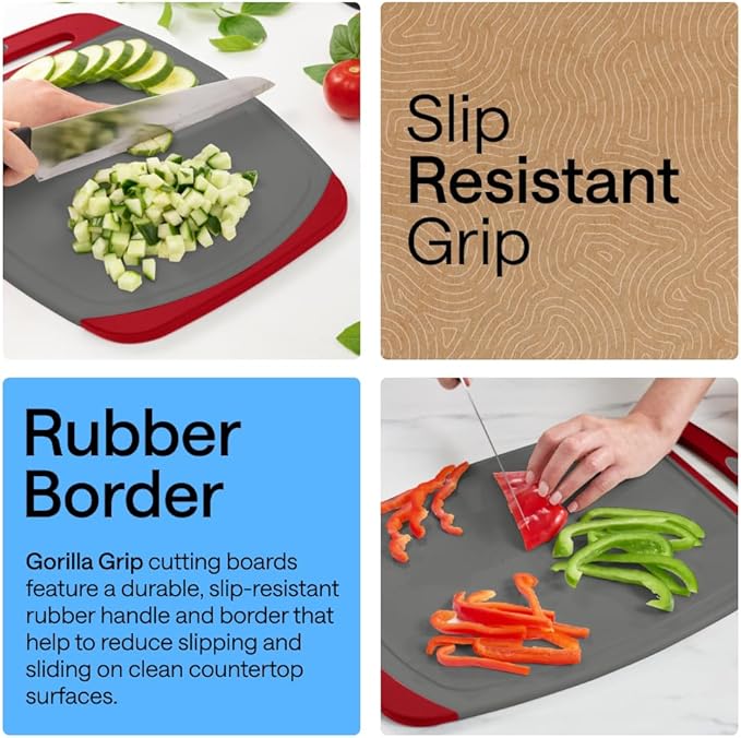 GORILLA GRIP BPA-Free Reversible Kitchen Cutting Board Set of 3, US Designed, Nonporous, Juice Grooves Catch Liquid, Slip Resistant Border, Dishwasher Safe, Durable Large Food Chopping Boards,Gray Red