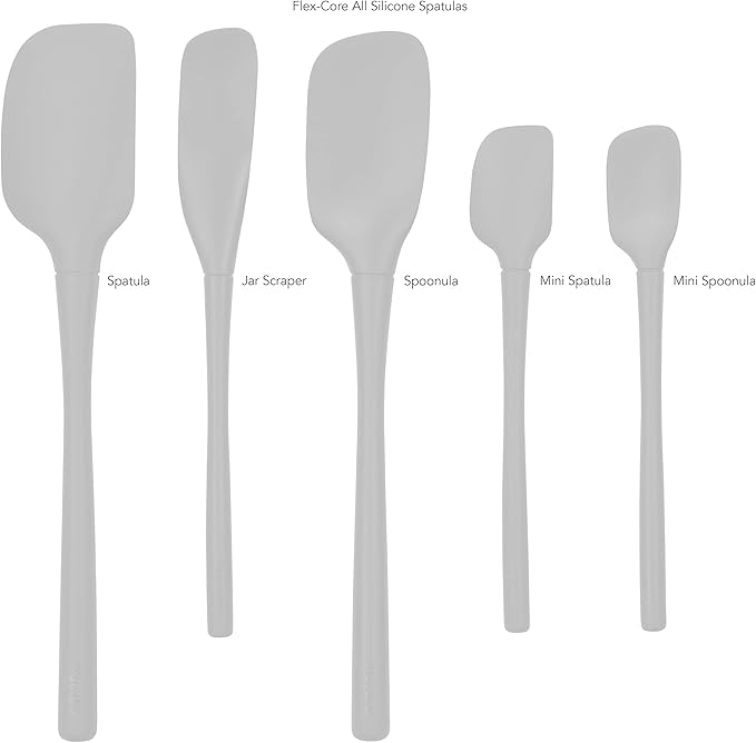 Tovolo Flex Core 5 Piece Silicone Spatula Set Heat Resistant All Silicone Utensils Include Non Stick Spatula Spoonula Jar Scraper, Dishwasher Safe BPA Free Spatulas for Baking Mixing, Oyster Gray