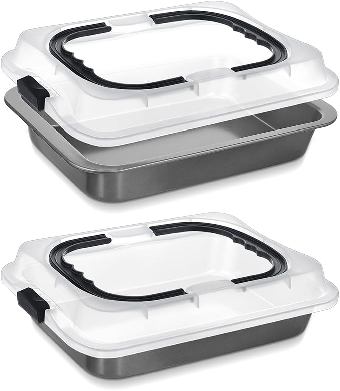 Qinyoung 2 Pcs Cake Baking Pan with Lid and Handle, 9 x 13 Inch Non-stick Rectangle Sheet Cake Pan Carrier for Brownie Roasting Cooking Baking (Black Gray)