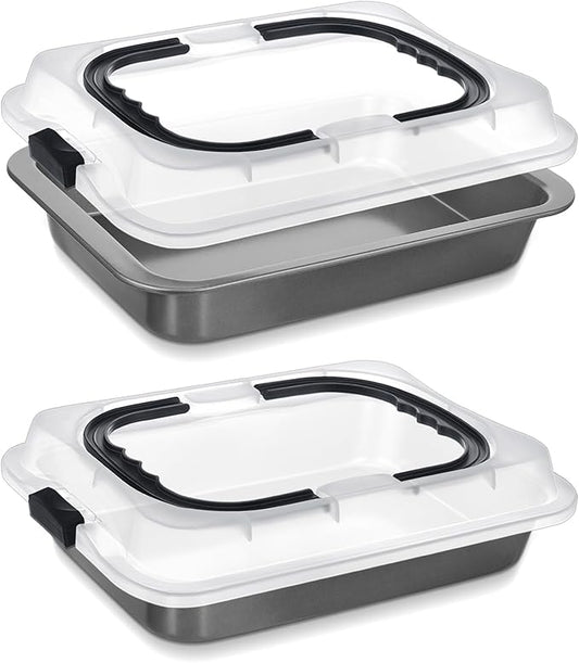 Qinyoung 2 Pcs Cake Baking Pan with Lid and Handle, 9 x 13 Inch Non-stick Rectangle Sheet Cake Pan Carrier for Brownie Roasting Cooking Baking (Black Gray)