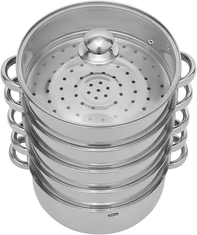 5-Layer Stainless Steel Steamer, 28CM Commercial Food-Grade Steamer Cookware Steaming Pot Tool w/Glass Lid Foods Steamers for Induction Cookers, Electric Ceramic Stoves, Gas Stoves (Silver, 28CM)