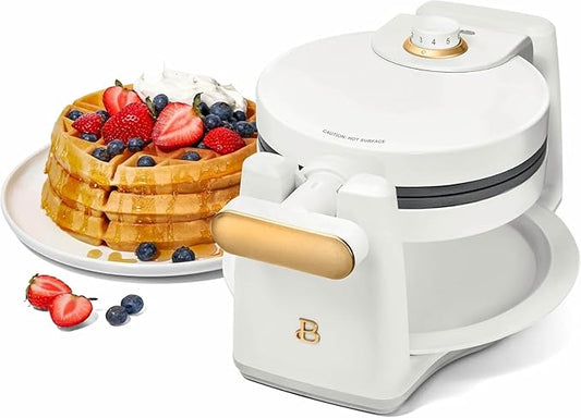 Beautiful Rotating Belgian Waffle Maker, White Icing by Drew Barrymore Makes 1-Inch Thick Waffles, Stainless Steel (White Icing)