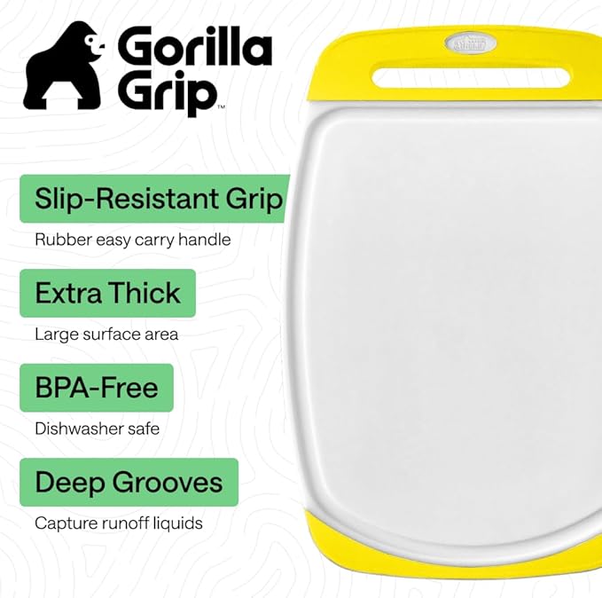 GORILLA GRIP BPA-Free Reversible Kitchen Cutting Board Set of 3, US Designed, Nonporous, Juice Grooves Catch Liquid, Slip Resistant Border, Dishwasher Safe, Durable Large Food Chopping Boards, Yellow