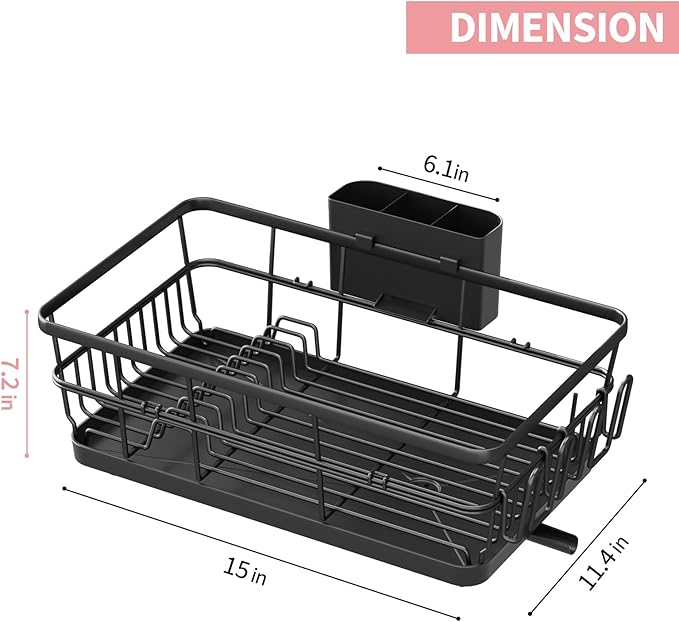 Dish Drying Rack for Kitchen Counter, Kitchen Dish Rack Black, Large Sink Dish Drainer Dryer Rack Small Space, Kitchen Dishes Strainer Drying Rack with Drain Board Cup Holder Cutlery Holder
