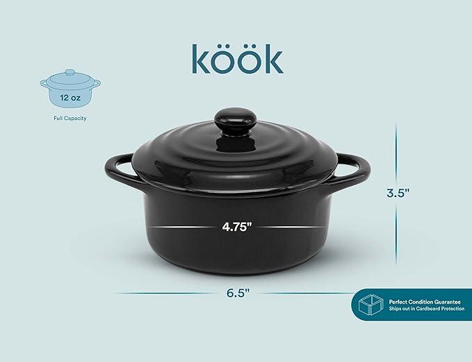 Kook Ceramic Mini Cocotte Set, Small Casserole Dishes with Lids and Handles, Individual Baking Ramekins, Oven safe 500F, Microwave & Dishwasher Safe, Stoneware, 12 oz, Set of 4, (Black)
