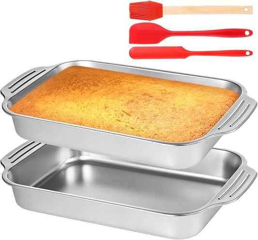 2 Pcs Stainless Steel Cake Pans, 9x13 Rectangular Baking Pans with Silicone Brush & Spatula, Cake Baking Trays with Double Handle, Rectangle Baking Bakeware for Breads, Meats (Without lid)