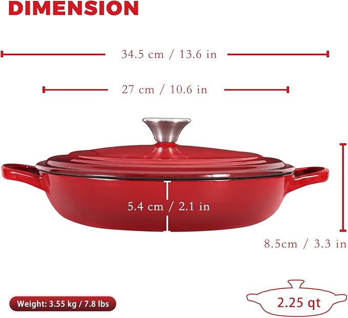 Braiser Enameled Cast Iron Braiser 2.25 qt Braiser Pan with Lid Red Shallow Cast Iron Casserole Braiser Pan with Handels