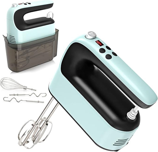 9-Speed Digital Hand Mixer Electric, 400W Powerful DC Motor, Hand Mixer Electric Handheld with Snap-On Storage Case, 5 Stainless Steel Accessories, Beaters, Dough Hooks, Whisk(Ice Blue/Black)