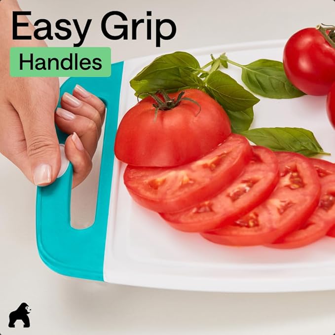 GORILLA GRIP BPA-Free Reversible Kitchen Cutting Board Set of 3, US Designed, Nonporous, Juice Grooves Catch Liquid, Slip Resistant Border, Dishwasher Safe Durable Large Food Chopping Boards Turquoise
