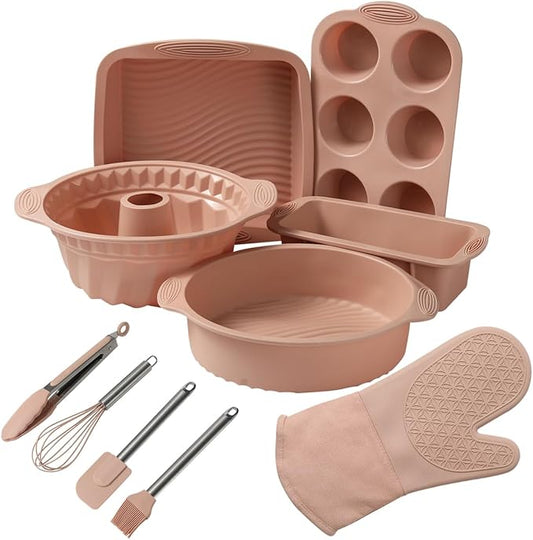 10in1 Nonstick Silicone Baking Cake Pan Cookie Sheet Molds Tray Set for Oven, BPA Free Heat Resistant Bakeware Suppliers Tools Kit for Muffin Loaf Bread Pizza Cheesecake Cupcake Pie Utensil (Pink)