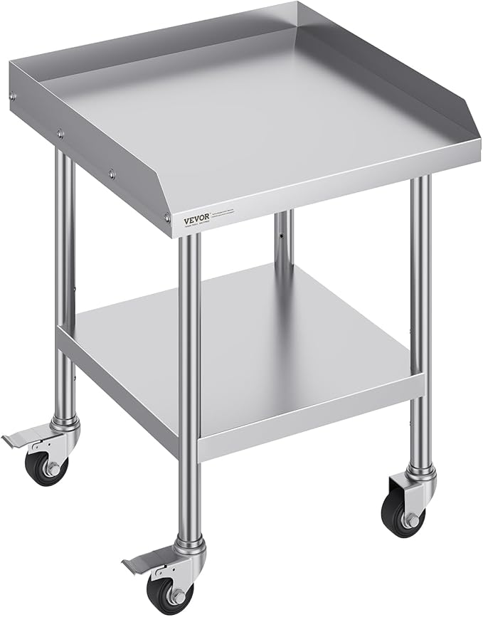 VEVOR Stainless Steel Work Table, 24 x 24 x 30 Inch Commercial Food Prep Worktable with 4 Wheels, Casters, 3-Sided Backsplash Heavy Duty Prep Worktable, Metal Work Table for Restaurant Home Hotel