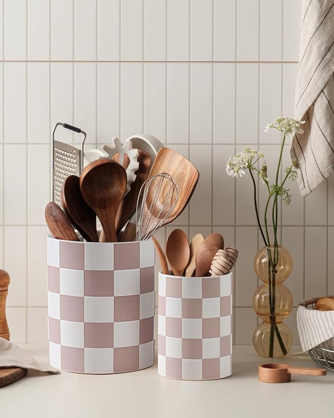 Utensil Holder，7.1"+5.8" Ceramic Kitchen Utensil Holder for Counter top, Checkered Cooking for Spatula & Spoon, Kitchen Decor, Set of 2 (Purplish-pink Checkered)