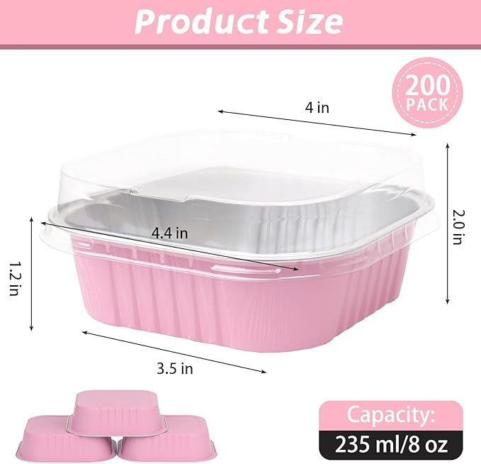 200 Pack 8 oz Pink Square Mini Cake Pans with Lids, Aluminum Foil Square Brownie Baking Cups for Ramekins Muffin Cupcake Wedding Birthday Party