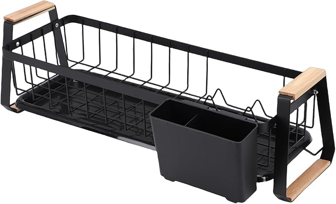 Dish Rack, Over Sink Metal and Wood Dish Drainer with Detachable Drip Tray and Utensil Holder, Space Saving Kitchen Organizer for Countertop (Black)