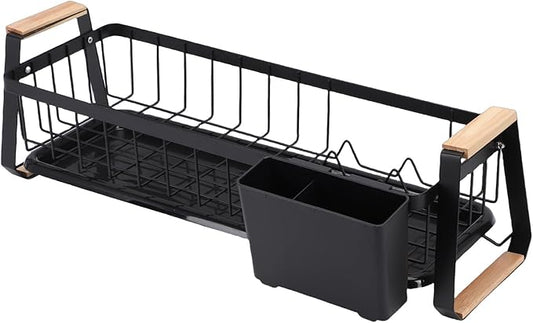 Dish Rack, Over Sink Metal and Wood Dish Drainer with Detachable Drip Tray and Utensil Holder, Space Saving Kitchen Organizer for Countertop (Black)