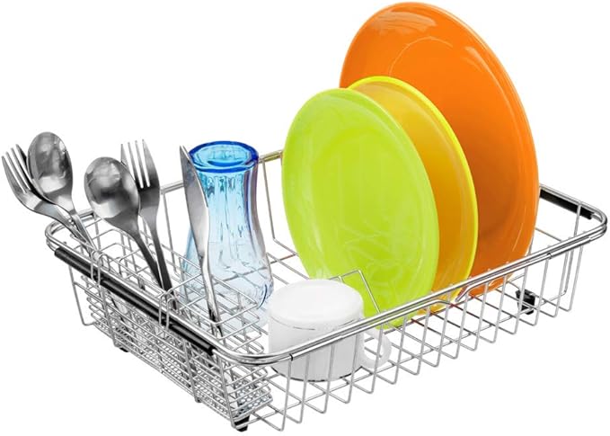 SANNO Dish Drying Rack with Stainless Steel Utensil Holder Large Dish Rack Drainer Drain Expandable Shelf Dish Rack in Sink or Over Sink or On Counter Rustproof Stainless Steel