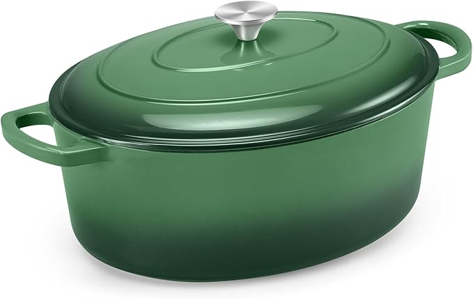 TeamFar 7QT Oval Dutch Oven, Enameled Cast Iron Dutch Oven Pot with Lid, For Bread Baking/Stewing/Braising/Frying, Suitable for Various Stoves, Non-stick & Easy Clean, Basil Green