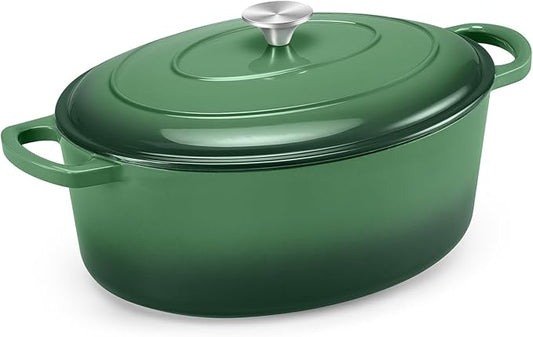 TeamFar 7QT Oval Dutch Oven, Enameled Cast Iron Dutch Oven Pot with Lid, For Bread Baking/Stewing/Braising/Frying, Suitable for Various Stoves, Non-stick & Easy Clean, Basil Green