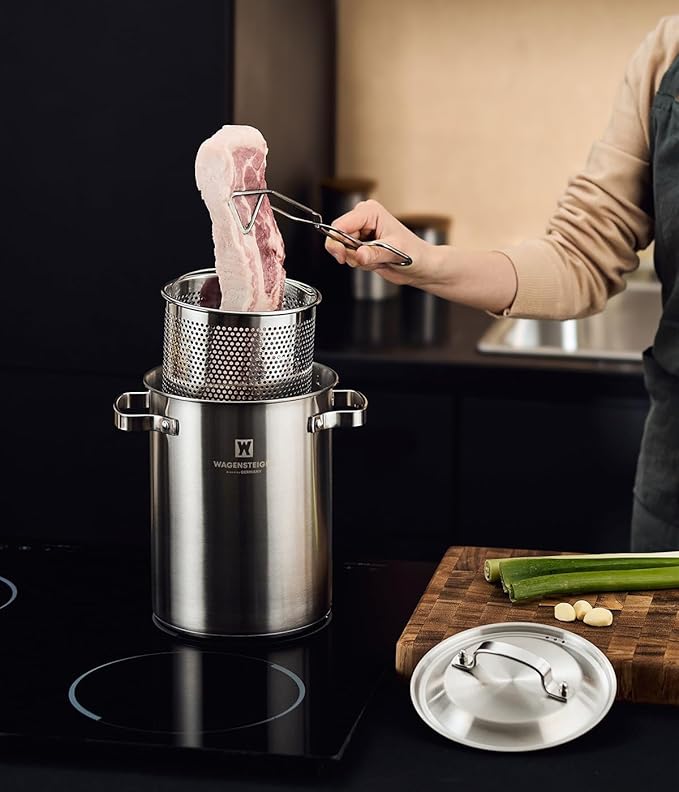 Premium Stainless Steel Asparagus Steamer Pot or Spaghetti Pasta Stovetop Cooker with Perforated Steamer Basket, Tall & Large Size, Versatile Cookware, 3-Ply Base(4.3Liters/1.14Gals)