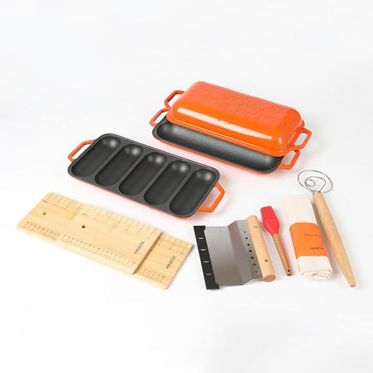 HAWOK Enameled Cast lron Baguette Bread Baker, 3-in-1 Baking Set with Full Baguette Tray, 5-Slot Mini Roll Tray & Reversible Lid Pan, 15 x 6.7 inch, Orange