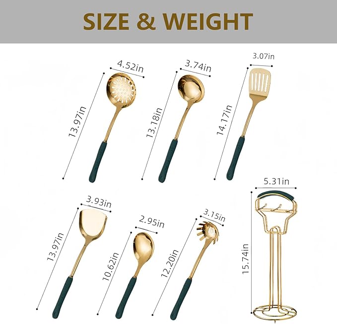 Gold Kitchen Utensils,7 Pieces Cooking Utensils Set,Kitchen Tools Set With Utensil Holder, Gold Kitchen Accessories, Dishwasher Safe, Easy To Clean (Green)