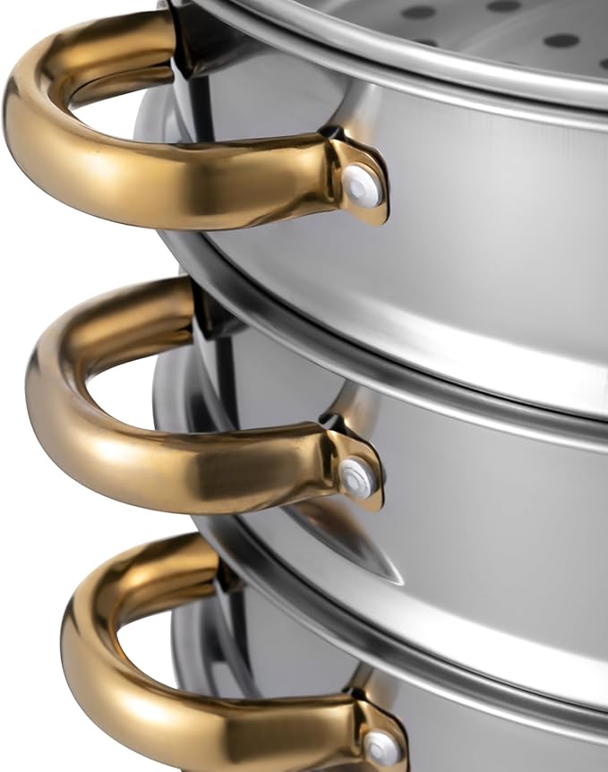 5-Tier Stainless Steel Steamer Pot, 1.32 Gal Large Capacity Stackable Food Steamer for Healthy Cooking, with Clear Lid & Gold Handle, Fits Gas/Induction/Electric Stoves, Silver/Gold