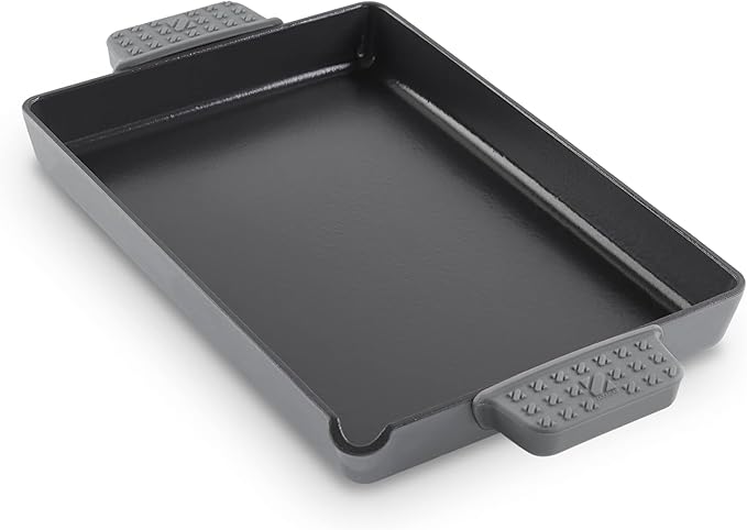 DASH Zakarian by Dash 9"x13" Nonstick Cast Iron Pan with Pour Spout and Removable Silicone Grips for Searing, Baking, Broiling, Grilling and more - Grey