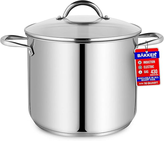 Stainless Steel Stockpot with Tempered Glass Lid 16 Quart, Durable 18/0 Stainless Steel, Impact-Bonded Base for Even Heating, Riveted Handles, Oven & All Stove Compatible, Safe Up To 500°F (260°C)
