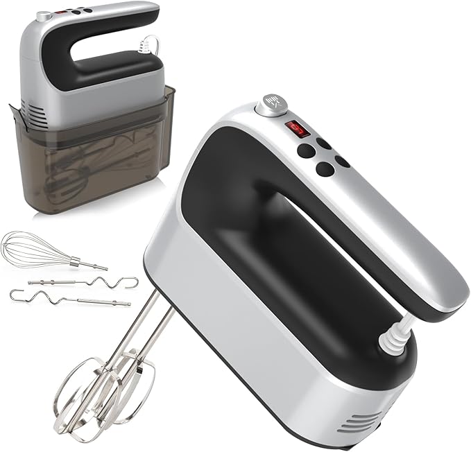 9-Speed Digital Hand Mixer Electric, 400W Powerful DC Motor, Hand Mixer Electric Handheld with Snap-On Storage Case, 5 Stainless Steel Accessories, Beaters, Dough Hooks, Whisk(Silvery Black)
