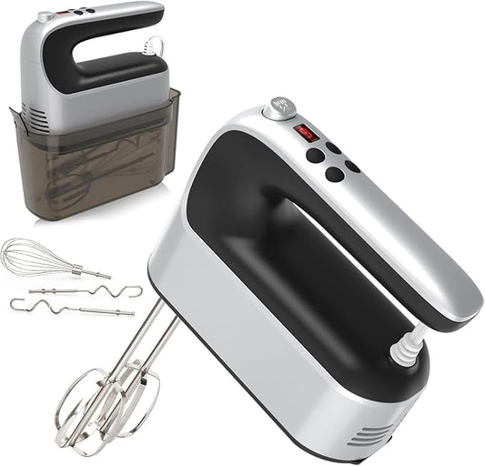 9-Speed Digital Hand Mixer Electric, 400W Powerful DC Motor, Hand Mixer Electric Handheld with Snap-On Storage Case, 5 Stainless Steel Accessories, Beaters, Dough Hooks, Whisk(Silvery Black)