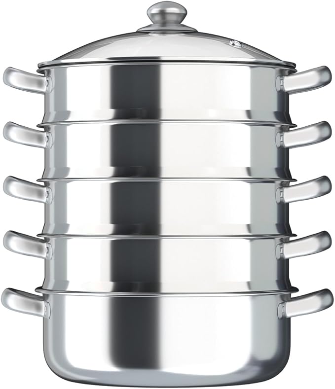 5-Tier Stainless Steel Steamer Pot 11.81 inches - Multi-Function Stackable Food Steamer with Glass Lid for Induction Gas Stove, Large Capacity for Vegetables Seafood Meat Dumplings