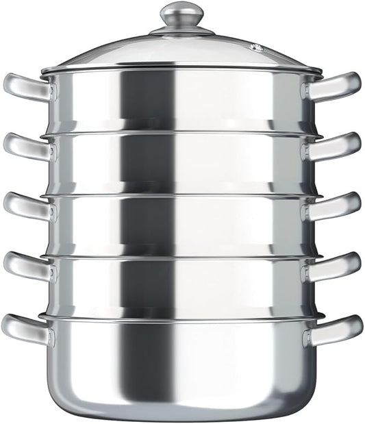 5-Tier Stainless Steel Steamer Pot 11.81 inches - Multi-Function Stackable Food Steamer with Glass Lid for Induction Gas Stove, Large Capacity for Vegetables Seafood Meat Dumplings