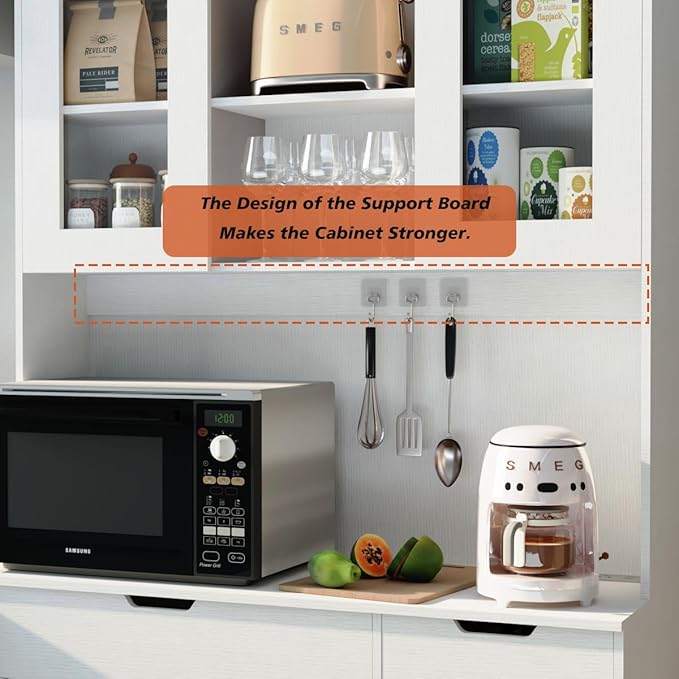 71" Tall Kitchen Pantry Storage Cabinet Large Farmhouse Hutch Cabinet with Microwave Stand, Charging Station, Adjustable Shelves, Countertop for Dining Room, Living Room, White