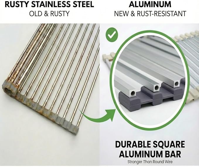 Aluminum Roll Up Dish Drying Rack Over Sink - Supports up to 55 lbs | Heavy Duty Square Bar | Rust-Free Anodized & Heat Resistant Cooling Rack with Removable Dish Holder (Purple Gray, Medium)
