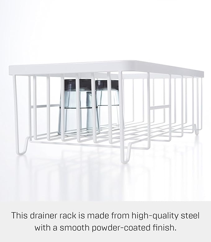 YAMAZAKI Home Tower Wire Dish Drainer Rack with Removable Drainer Tray with Drainage Spout, Utensils Holder - Steel -