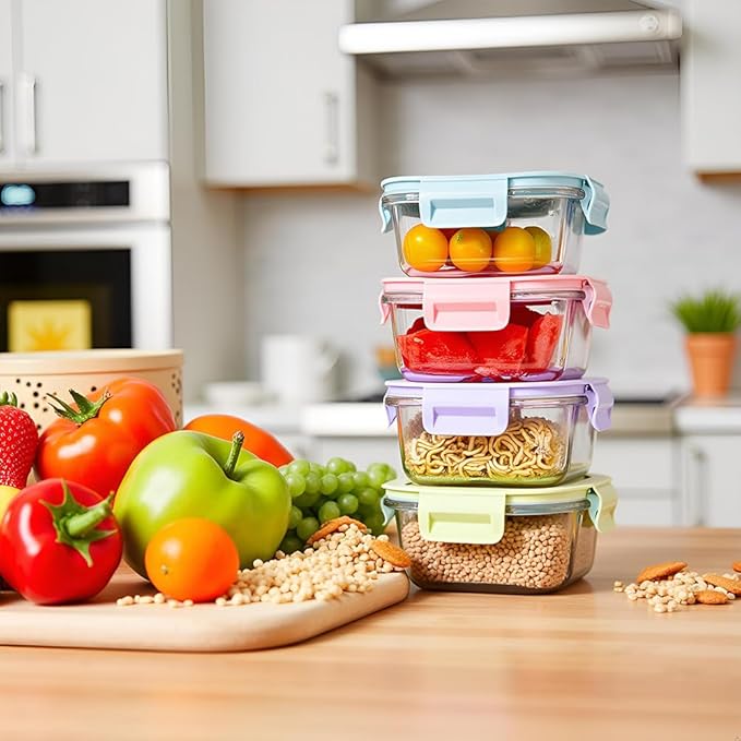 2 Cup Square Glass Food Container with Airtight Lids, Small Glass Square Meal Prep Containers, BPA free 16oz Food Bowls For Soup Snack fruit, Microwave, Dishwasher, Freezer Safe (4 color)